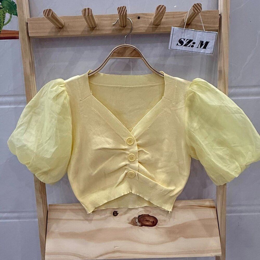 Butter Yellow Puff Sleeve Ruched Button Crop Top Cute Feminine Summer Tee